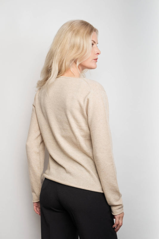 Back view of beige relaxed V-neck cashmere sweater – Love Cashmere NZ