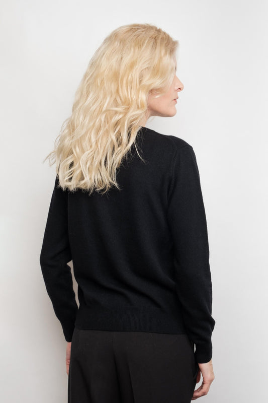 Back view of black ribbed cashmere crewneck sweater – Love Cashmere NZ