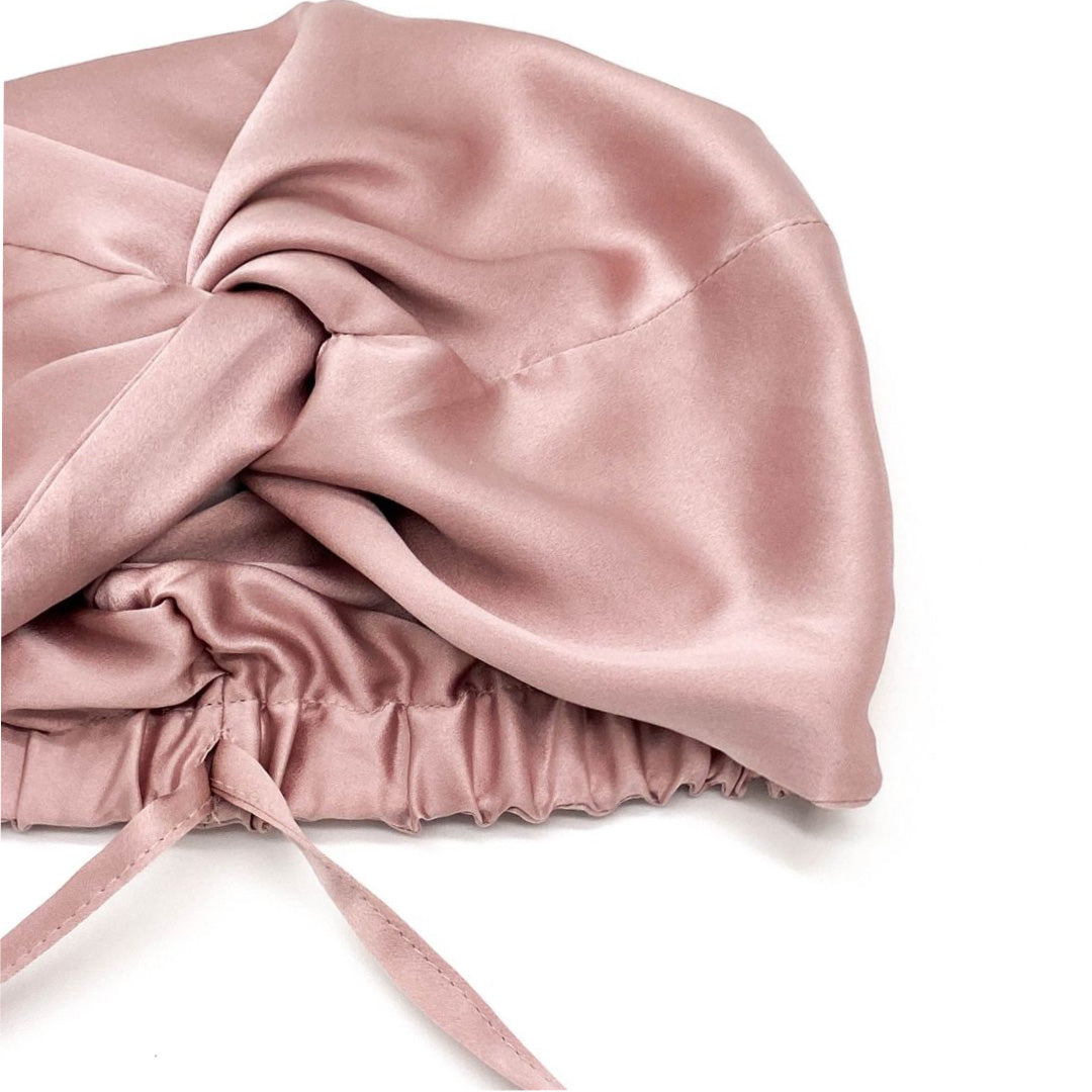 Close-up of pink silk bonnet showing soft double lining – LS Silk NZ