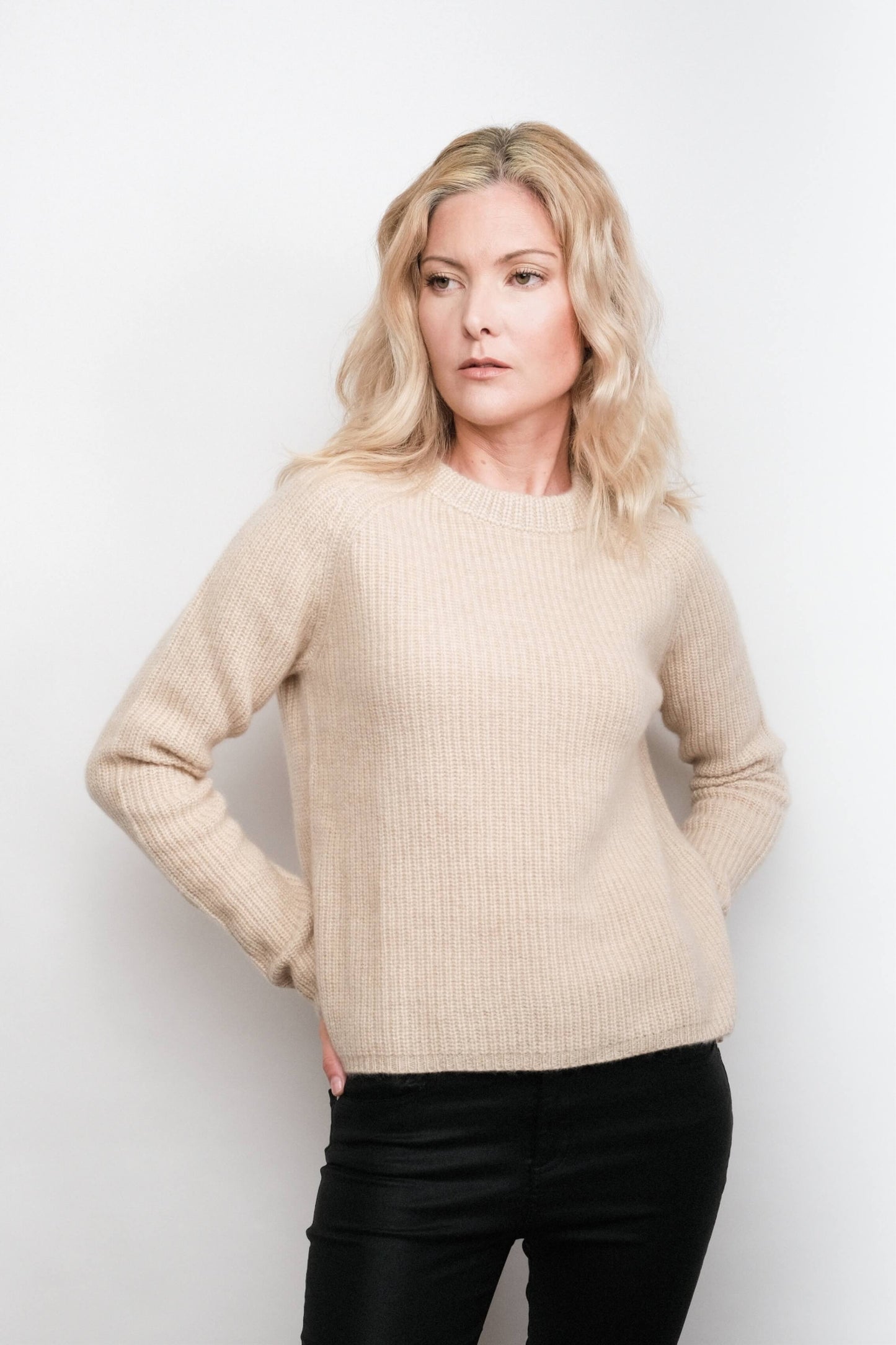 Front view of beige ribbed fisherman cashmere sweater – Love Cashmere NZ