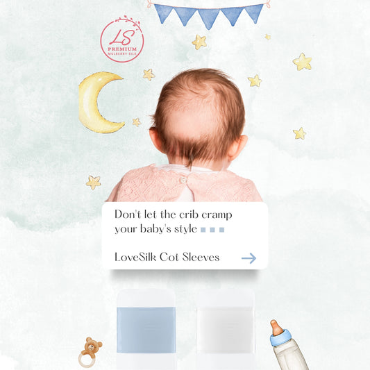 LS Silk cot sleeve infographic with baby and colour swatches – LS Silk NZ