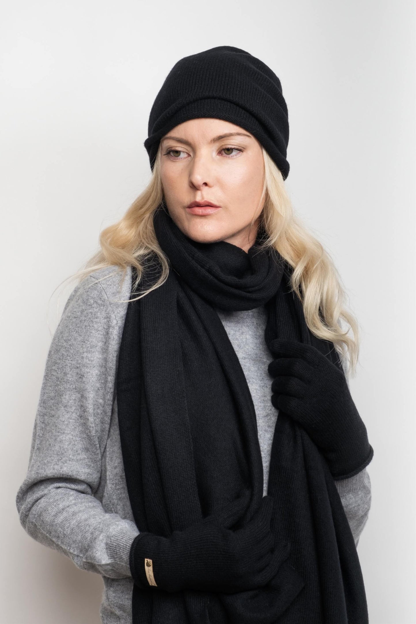 Model in black beanie with black cashmere wrap as scarf – Love Cashmere NZ