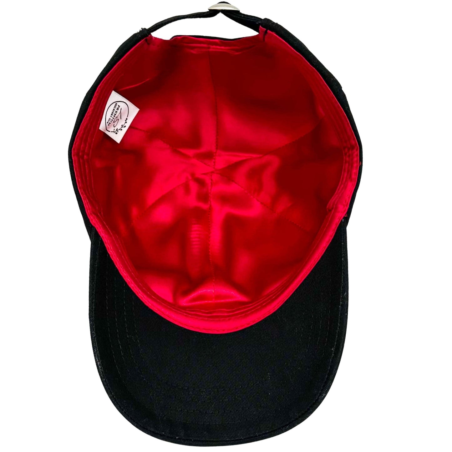 Black baseball cap underside showing red mulberry silk lining – LS Silk NZ
