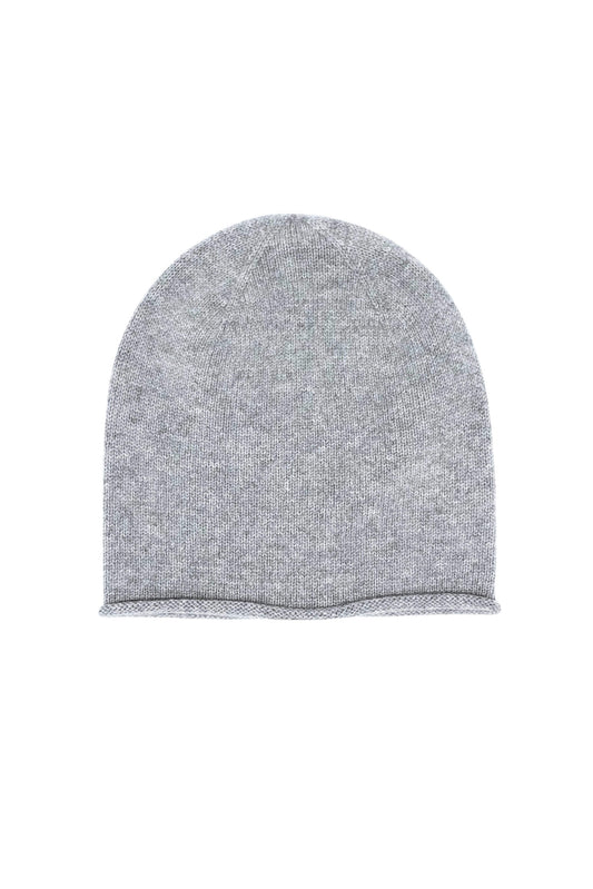 Grey pure cashmere unisex roll-edge beanie, flat product view – Love Cashmere NZ
