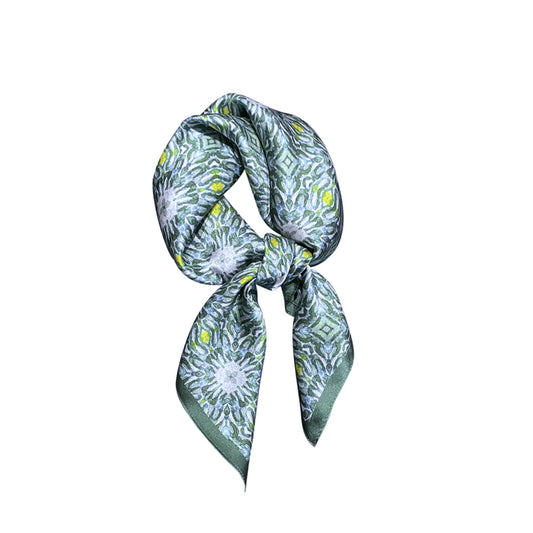Daisy Mirage silk scarf tied in a bow – LS Silk NZ