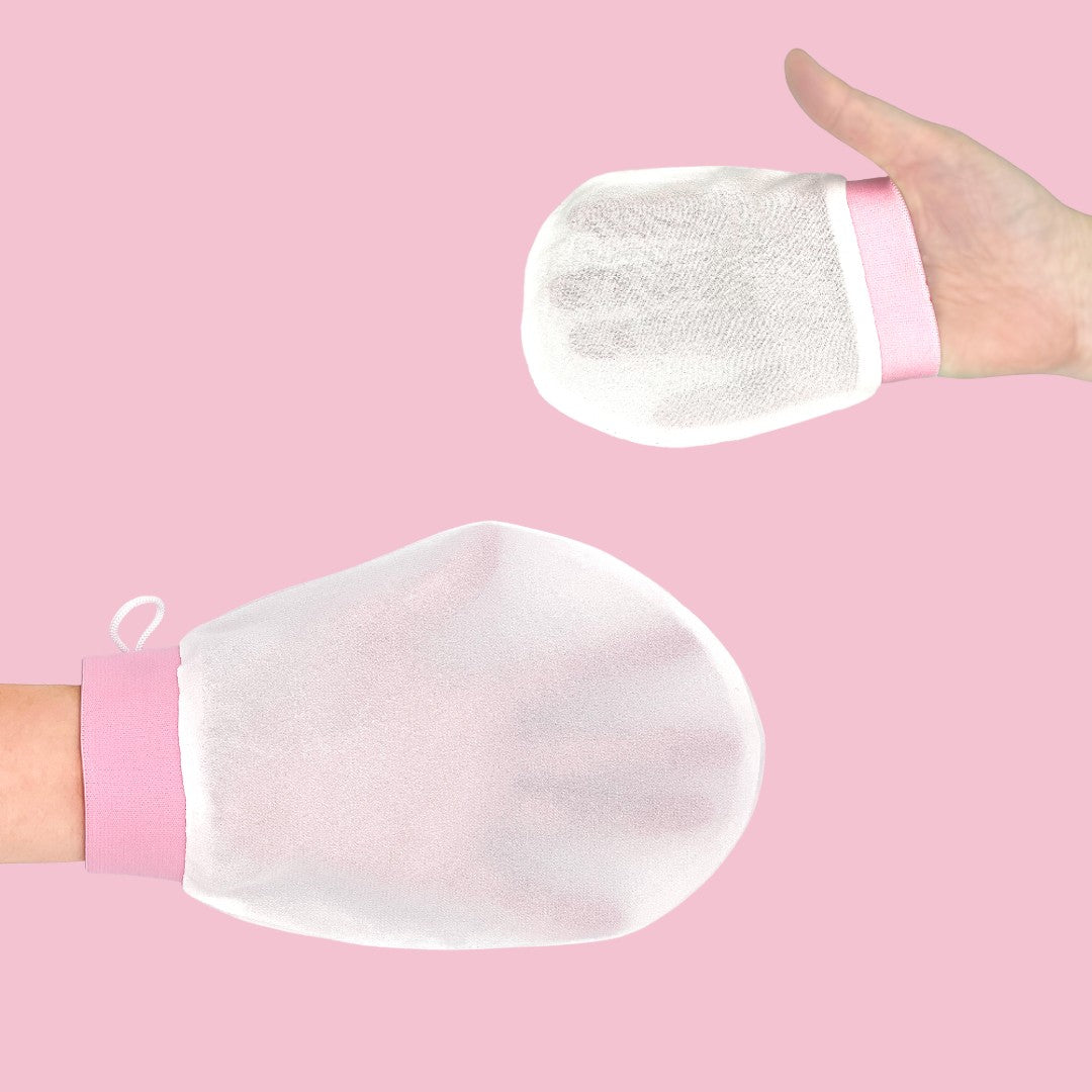 White silk exfoliating mitt on hand, close view – LS Silk NZ