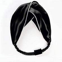 Load image into Gallery viewer, 100% Mulberry Silk Elastic Twisted Headband - Black With White Piping - Lovesilk.co.nz