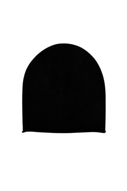 Black pure cashmere unisex roll-edge beanie, flat product view – Love Cashmere NZ