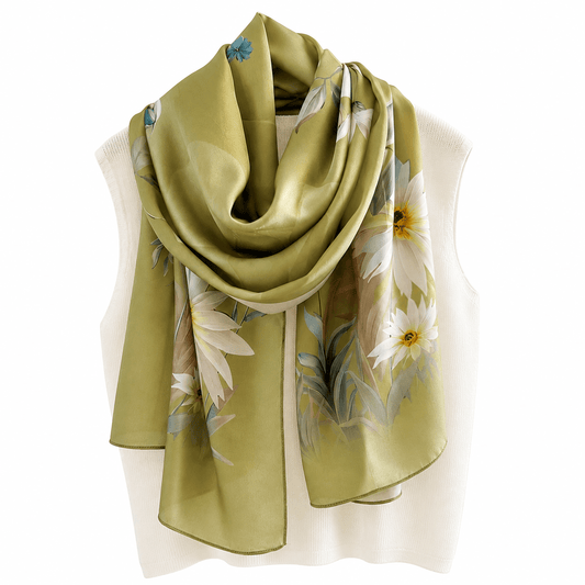 Olive Meadow Pure Mulberry Silk Extra Large Long Scarf