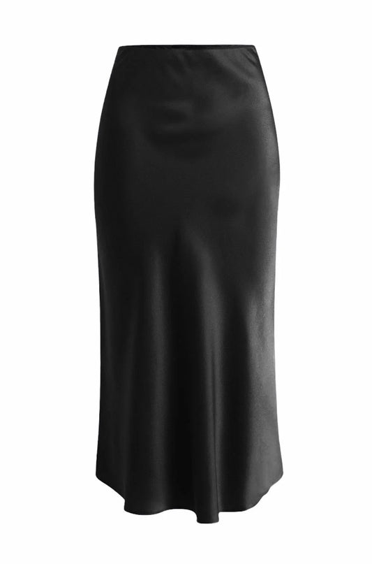 Black bias-cut mulberry silk midi skirt, flat product view – LS Silk NZ