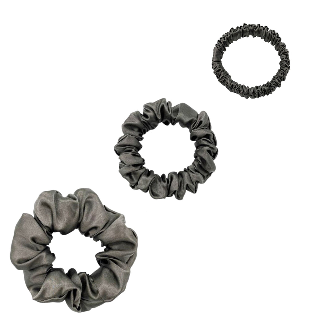 Silk Scrunchies Set - Dark Grey / Pewter - Mini, Small, Medium