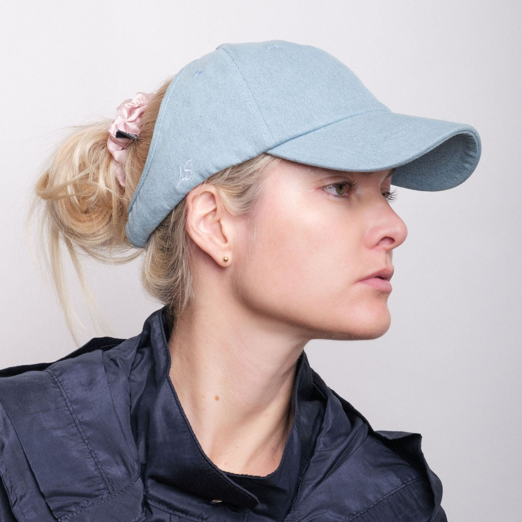Silk-lined Baseball Cap With Open Back For Curly Hairs & Pony Tails - Cowboy Blue