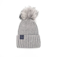 Load image into Gallery viewer, Mulberry Silk-Lined Classic Ribbed Beanie Hat – Cashmere Blend with Removable Pom Pom - Grey