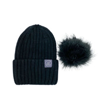 Load image into Gallery viewer, Mulberry Silk-Lined Classic Ribbed Beanie Hat – Cashmere Blend with Removable Pom Pom - Grey