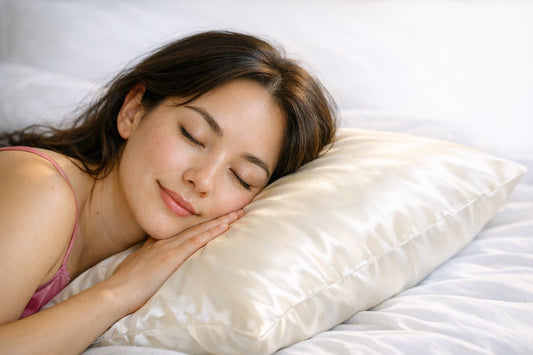 A woman resting her cheek on a smooth ivory mulberry silk pillowcase in soft morning light, eyes closed and skin clear and calm