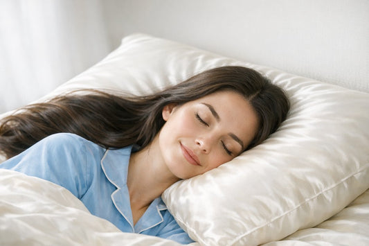 A woman with smooth, glossy, frizz-free dark hair fanned across an ivory mulberry silk pillowcase in soft morning light