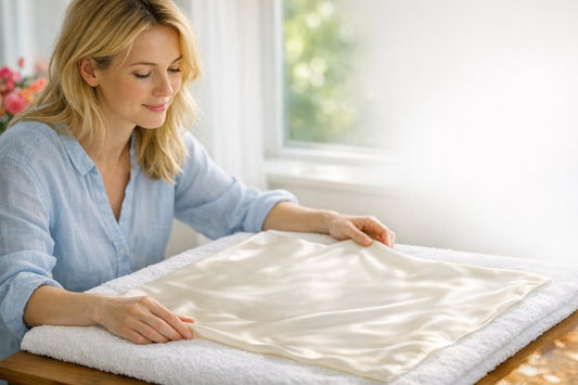 A woman gently laying a clean ivory mulberry silk pillowcase flat on a white towel to air-dry in soft daylight