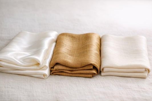 Three folded silk fabrics side by side — smooth ivory mulberry silk, a textured golden wild silk, and a soft matte cream silk — showing the differences between silk types