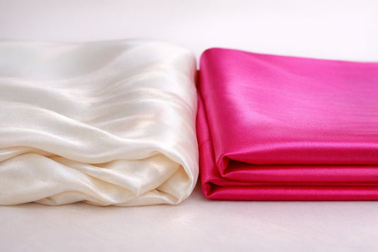 Folded lustrous ivory mulberry silk beside a flatter, harder-shining pink synthetic satin, showing the difference between real silk and a silky-feeling fabric