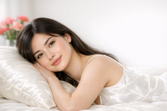 A woman waking with smooth, still-sleek blow-dried hair resting on an ivory mulberry silk pillowcase in soft morning light