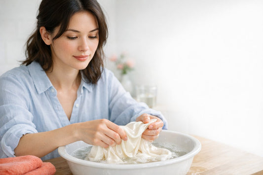 A woman gently hand-washing a piece of ivory mulberry silk in a basin of cool, lightly soapy water in soft natural light
