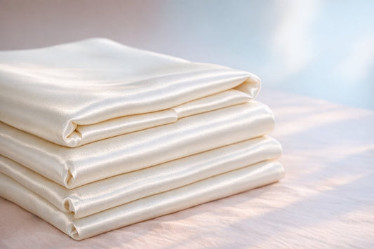 Folded heavyweight ivory mulberry silk showing its dense, substantial weave and soft sheen in natural light