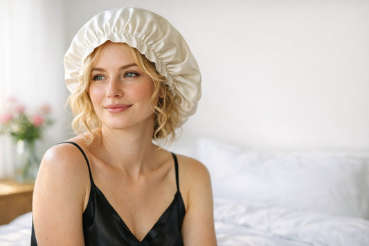 A woman with blonde curls framing her face wearing a smooth ivory mulberry silk hair bonnet in soft morning light