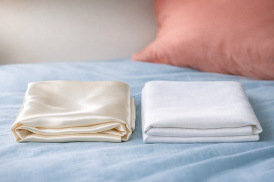 A smooth lustrous ivory silk pillowcase beside a matte white cotton pillowcase on a bed, showing the contrast in surface and sheen