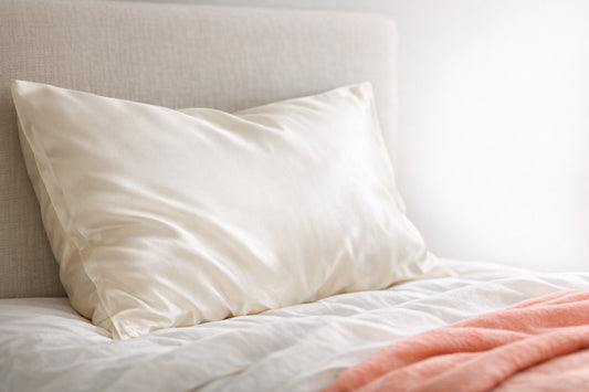 A neatly made bed with a smooth ivory mulberry silk pillowcase against a fabric headboard in soft morning light, a peach throw at the foot