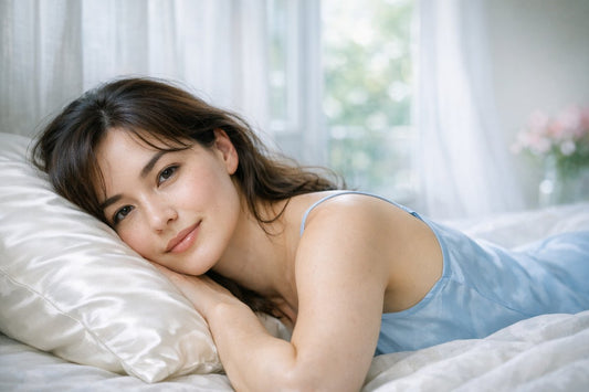 A woman resting cool and refreshed on an ivory mulberry silk pillowcase beside a breezy window with sheer curtains in soft light
