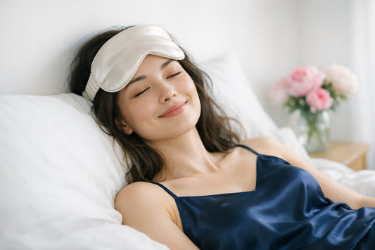 A woman reclining peacefully with a smooth ivory mulberry silk eye mask resting on her forehead in soft light