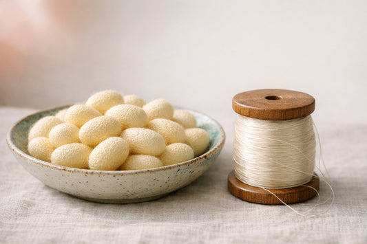 Pale silk cocoons in a ceramic bowl beside a wooden spool of fine raw silk thread, showing the labour-intensive raw material behind finished silk