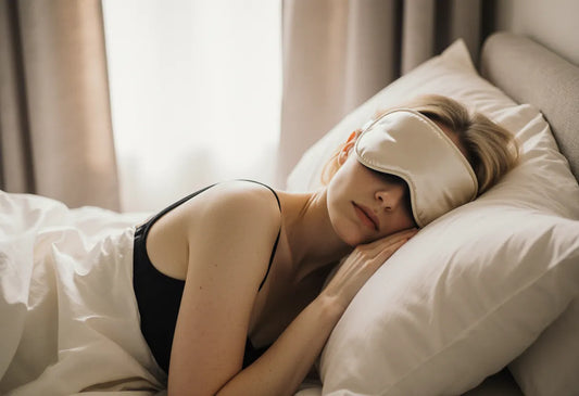 Woman sleeping peacefully in an ivory mulberry silk eye mask on a silk pillowcase, soft morning light