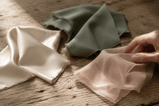 Silk twill, crepe de chine and chiffon fabric swatches