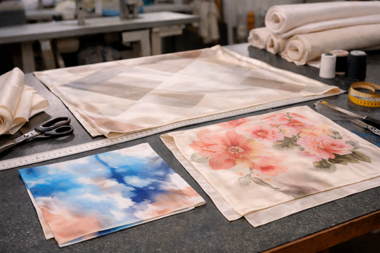 Sizes of custom silk scarves laid out for production