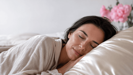 Woman with glowing skin sleeping peacefully on an ivory silk pillowcase