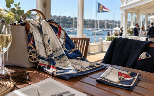 Navy and cream nautical silk scarf on a tote bag beside a matching burgee pocket square, on a yacht club terrace overlooking the marina