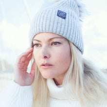 Load image into Gallery viewer, Mulberry Silk-Lined Slim Ribbed Beanie – Cashmere Blend with Removable Pom Pom -Grey

