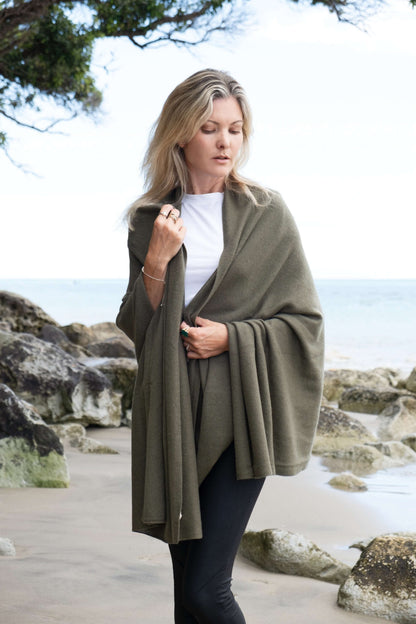 Versatile Pure Cashmere Wrap & Scarf - Olive