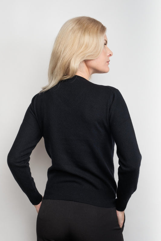 Back view of black ribbed V-neck cashmere sweater – Love Cashmere NZ