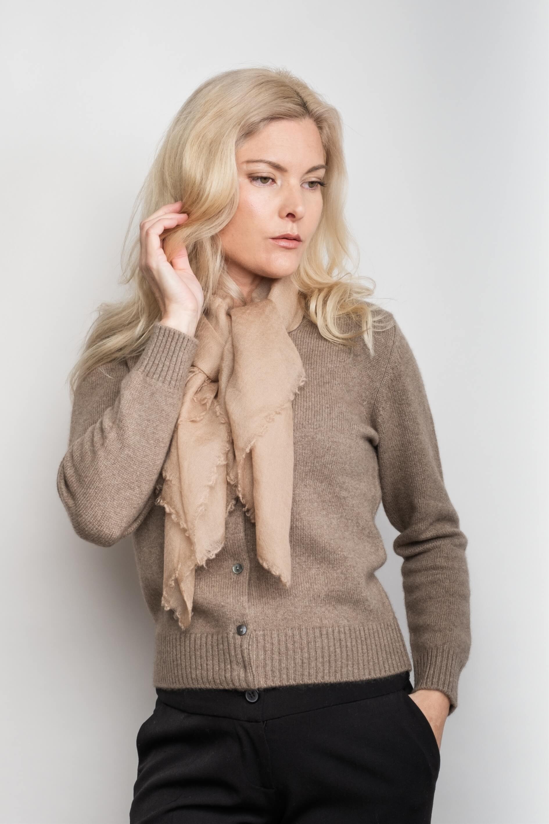 Model in chestnut cashmere cardigan with matching scarf – Love Cashmere NZ