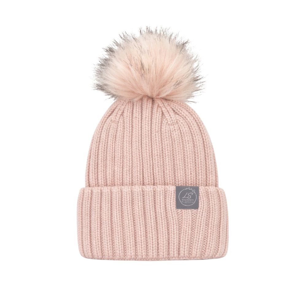 Pink ribbed silk-lined beanie with faux fur pom pom – LS Silk NZ