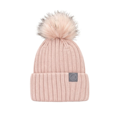 Pink ribbed silk-lined beanie with faux fur pom pom – LS Silk NZ