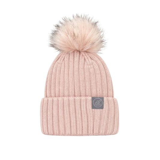 Pink ribbed silk-lined beanie with faux fur pom pom – LS Silk NZ