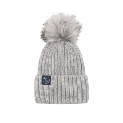 Grey ribbed silk-lined beanie with faux fur pom pom – LS Silk NZ