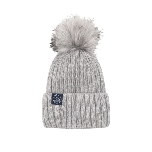 Grey ribbed silk-lined beanie with faux fur pom pom – LS Silk NZ