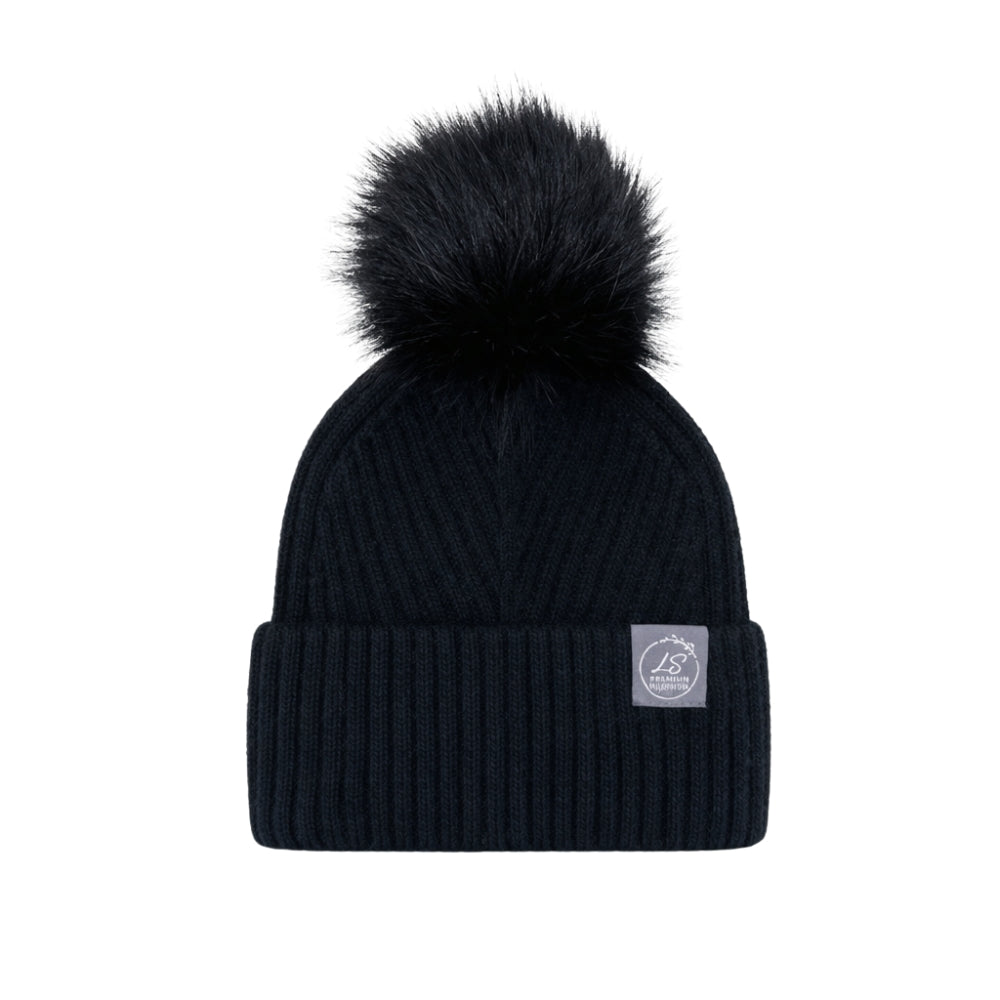 Black ribbed silk-lined beanie with faux fur pom pom – LS Silk NZ