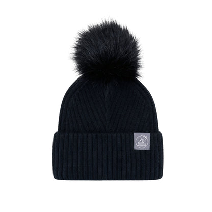 Black ribbed silk-lined beanie with faux fur pom pom – LS Silk NZ