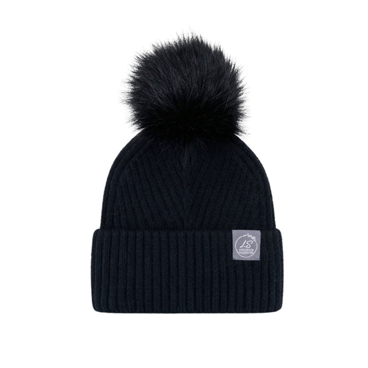 Black ribbed silk-lined beanie with faux fur pom pom – LS Silk NZ