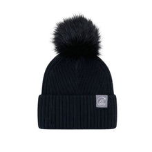Load image into Gallery viewer, Mulberry Silk-Lined Slim Ribbed Beanie – Cashmere Blend with Removable Pom Pom -Black
